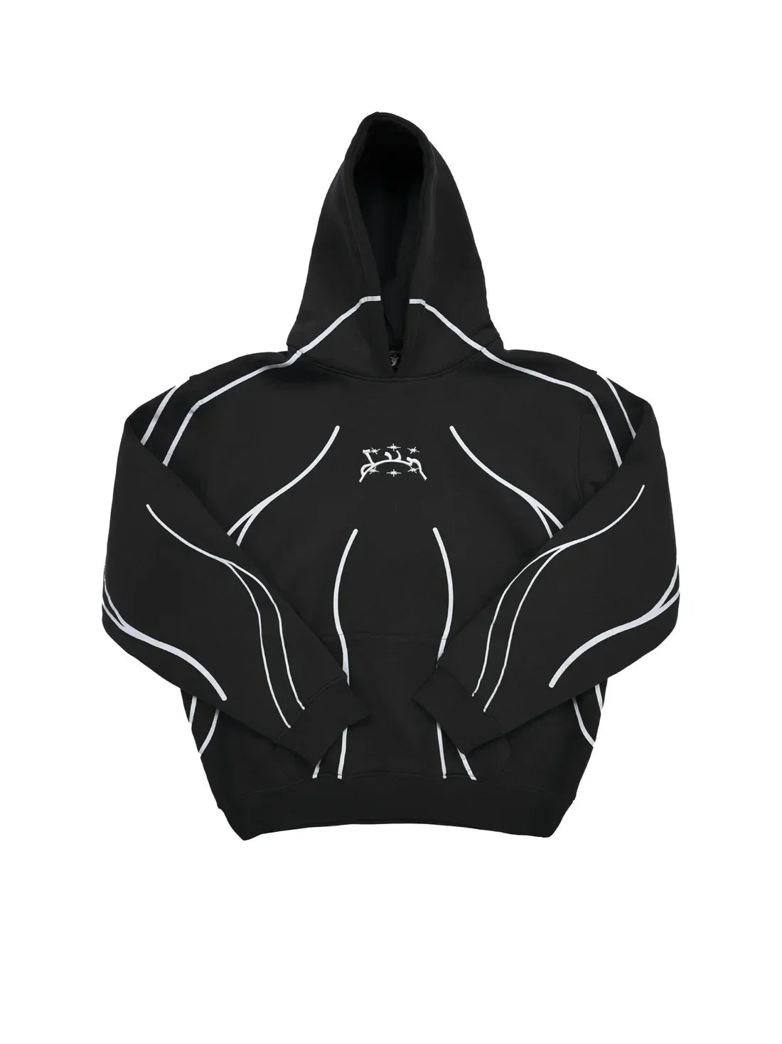 Black hoodie with white outlined muscle design and small embroidered logo for harajuku hip hop casual wear
