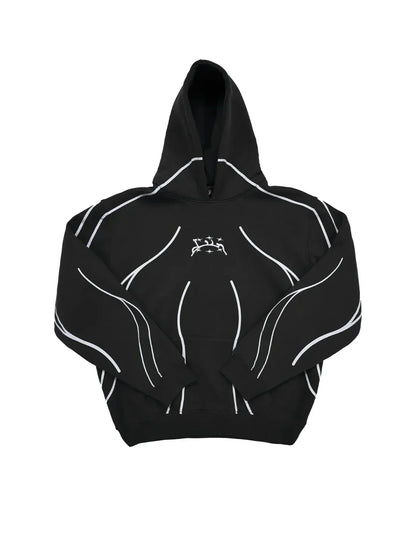 Black hoodie with white outlined muscle design and small embroidered logo for harajuku hip hop casual wear
