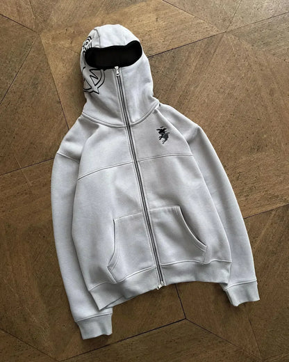 A light gray zip-up hoodie with black-lined hood and white embroidered graphics for Harajuku hip hop fashion