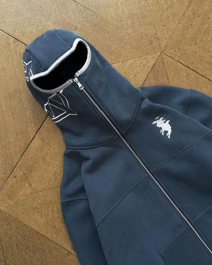 Dark blue zip-up hoodie with white embroidered detailing and small white horse logo for casual hip hop fashion