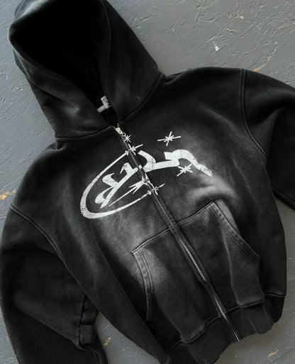 Black zip-up hoodie with distressed white graphic featuring stylized lettering starburst patterns y2k hoodies harajuku hip hop casual couple sweatshirt