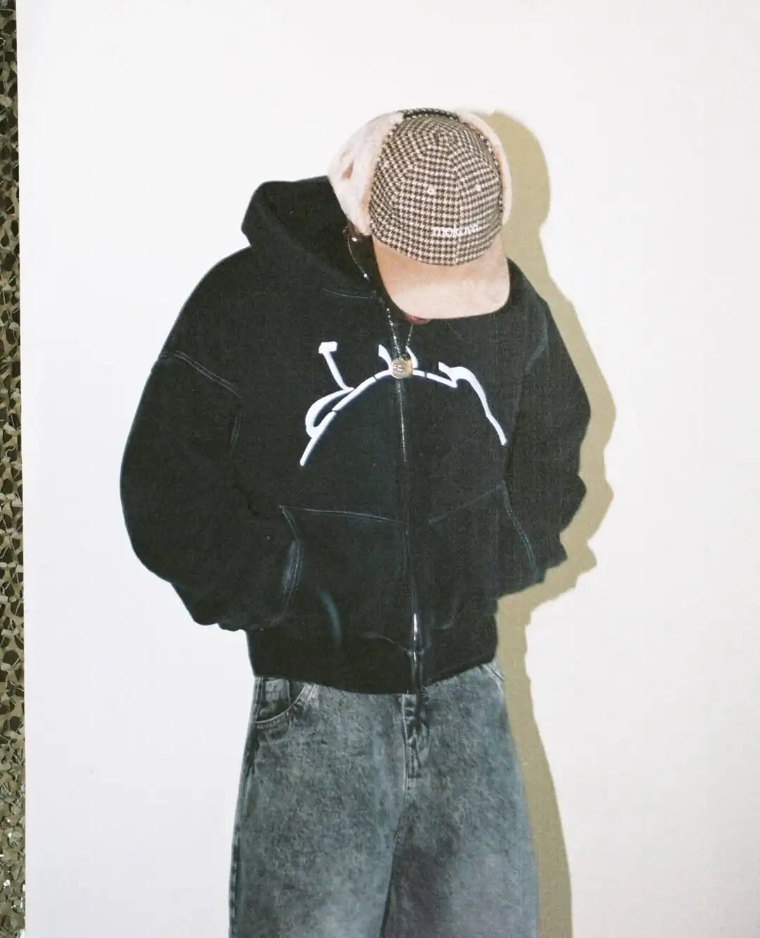 Black velvet zip-up hoodie with white embroidered graphic front for harajuku hip hop casual fashion wear