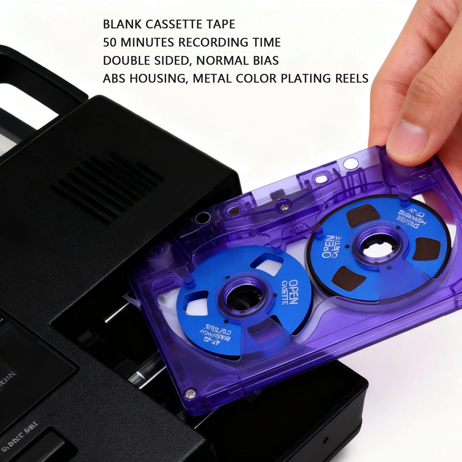 Translucent purple blank cassette tape with double sided metal blue reels and abs housing for sound recorder use