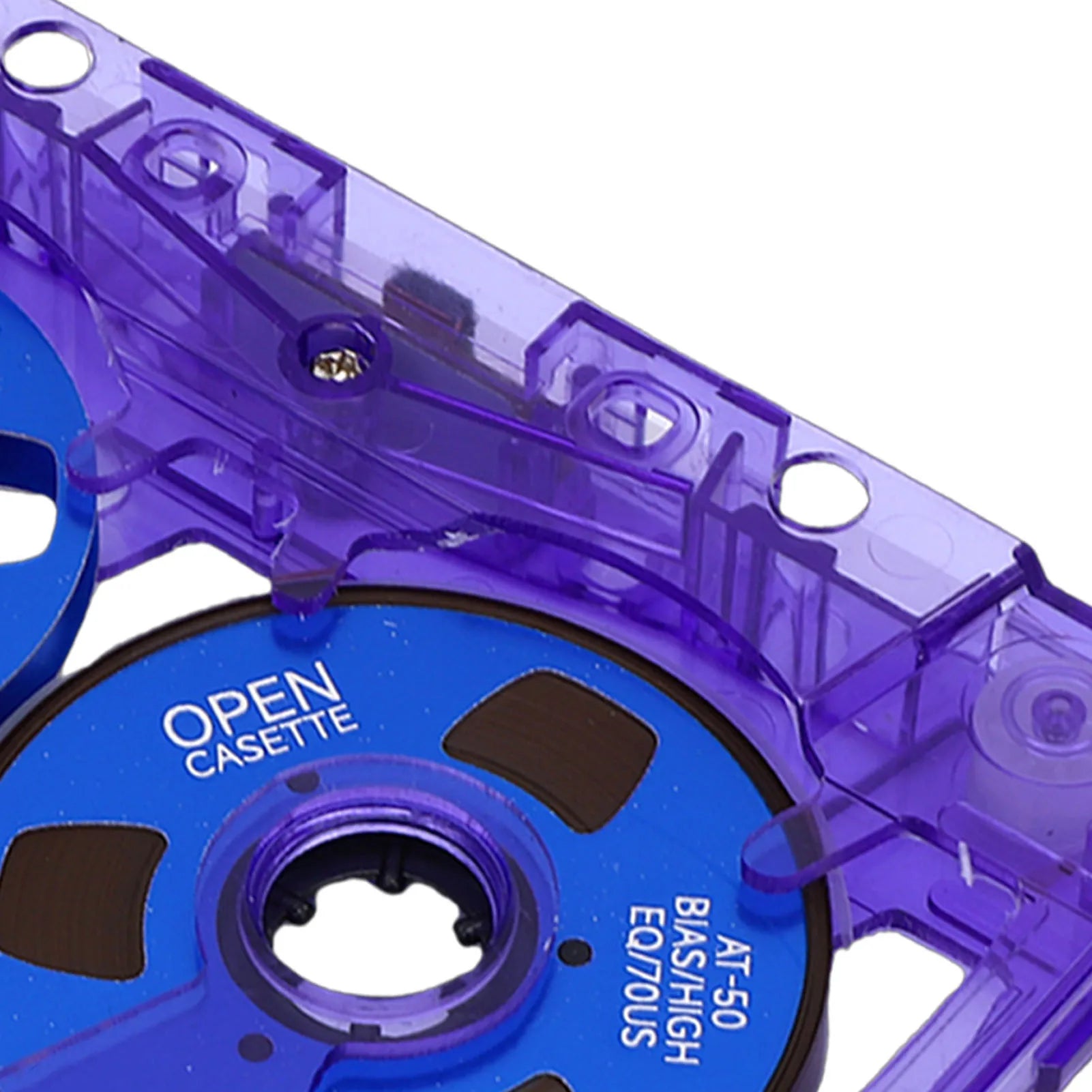 A translucent purple blank cassette tape with blue spool double sided metal reel cassette tape for 50 minutes recording time