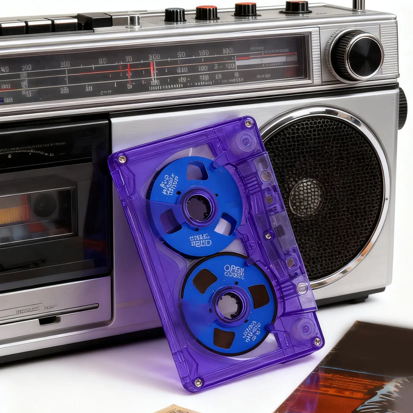 A translucent purple blank cassette tape with blue spools and clear casing featuring double sided metal reel cassette tape design