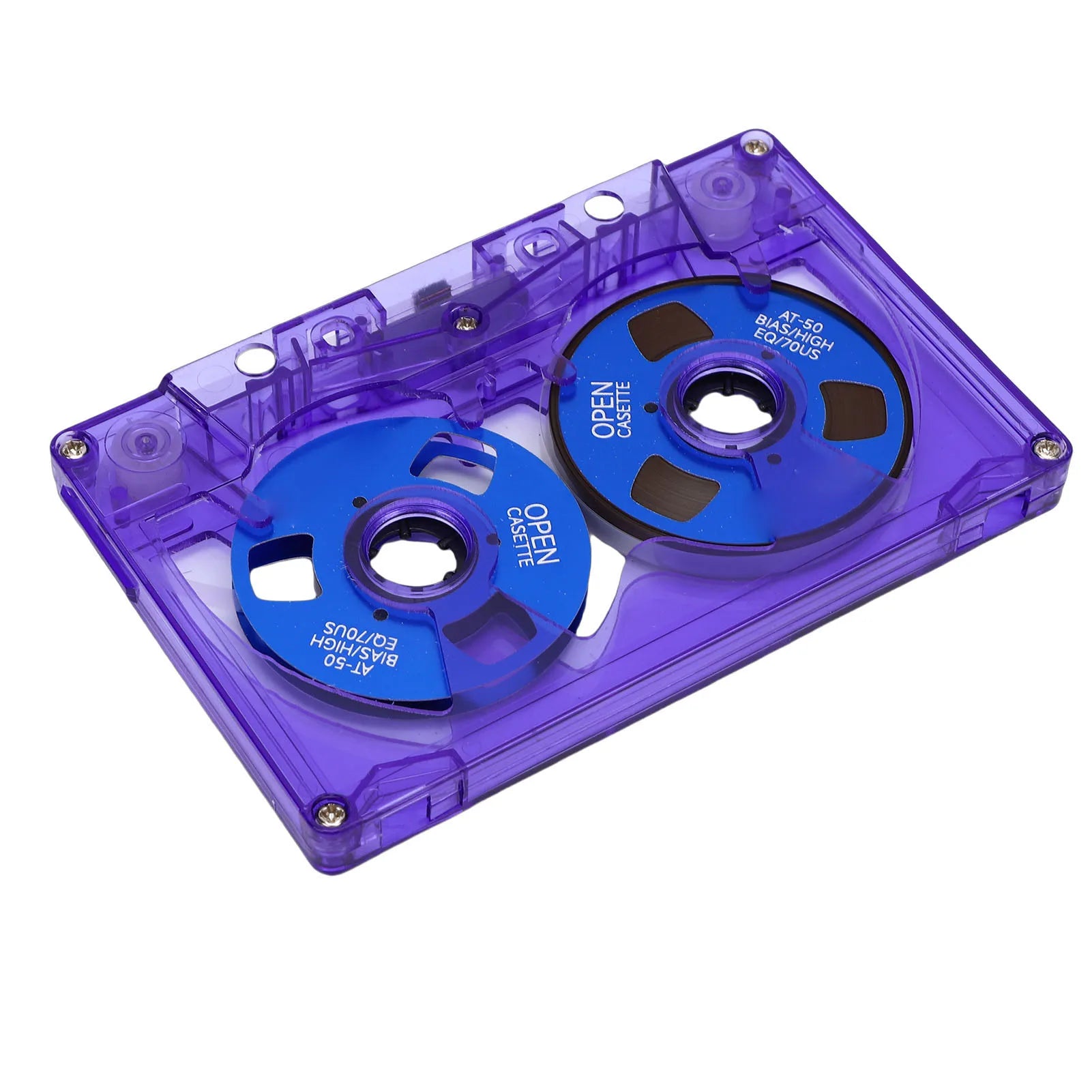 Transparent purple blank cassette tape with blue spools and metallic screws double sided metal reel cassette tape