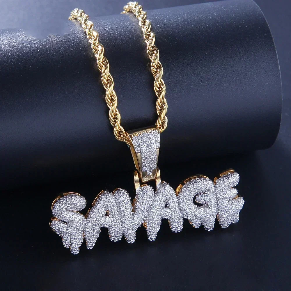 Gold-colored rope chain necklace with bold iced out savage pendant cubic zirconia for rap party jewelry men women
