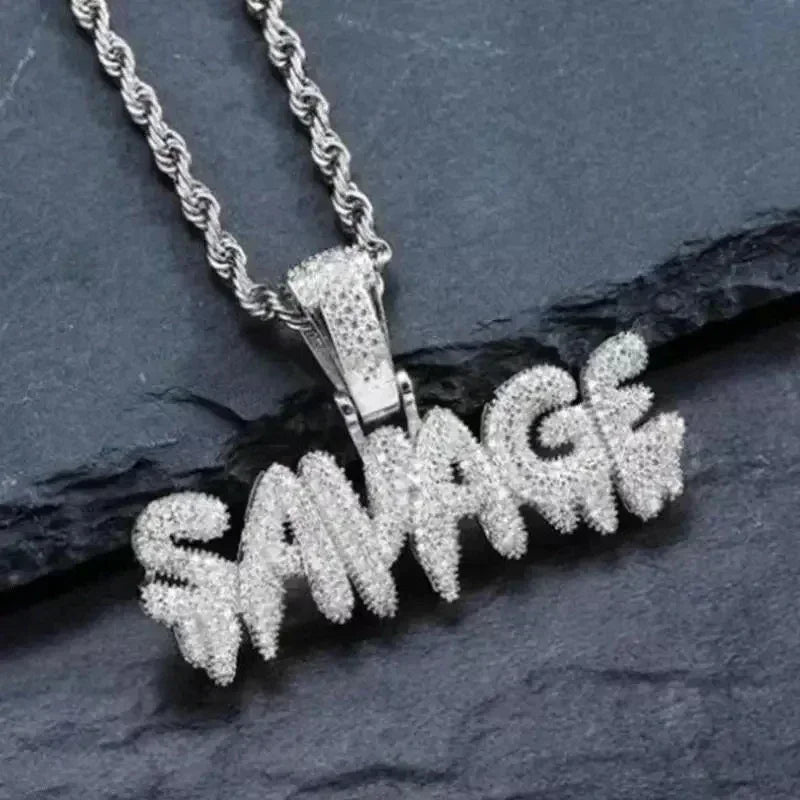 A sparkling silver savage pendant cubic necklace encrusted with clear cubic zirconia for rap party jewelry fans