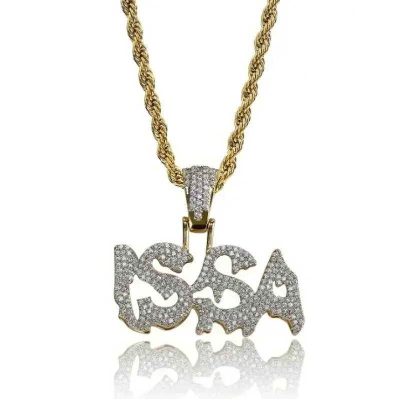 Gold chain with diamond-encrusted issa pendant in graffiti style featuring cubic zirconia for rap party jewelry