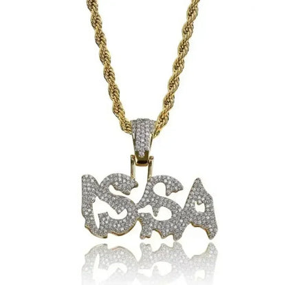 Gold chain with diamond-encrusted issa pendant in graffiti style featuring cubic zirconia for rap party jewelry