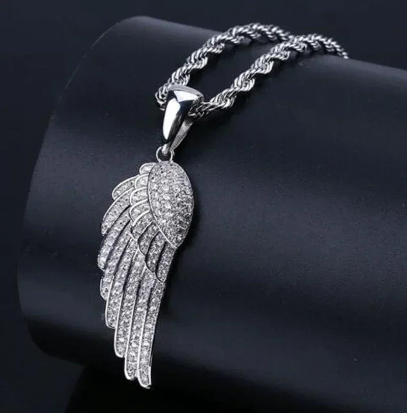 Silver angel wing savage pendant cubic with clear cubic zirconia stones on a textured rope chain for rap party jewelry