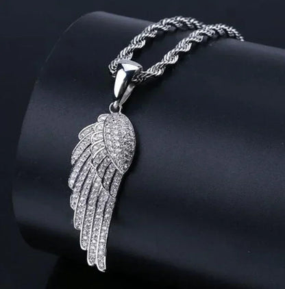 Silver angel wing savage pendant cubic with clear cubic zirconia stones on a textured rope chain for rap party jewelry