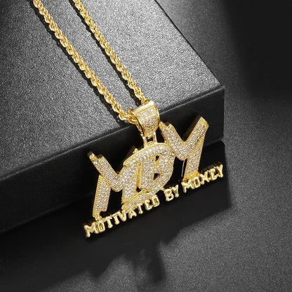 Gold-colored savage pendant cubic necklace with motivated by money engraving in icy diamond cubic zirconia for rap party jewelry