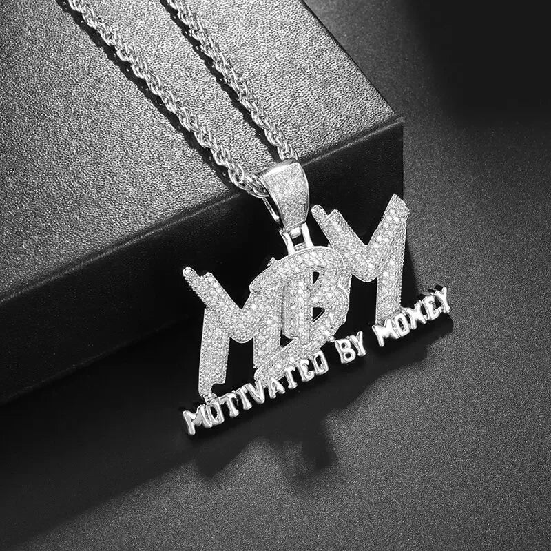 Silver motivated by money savage pendant cubic with bold diamond-encrusted design and icy chain for rap party jewelry