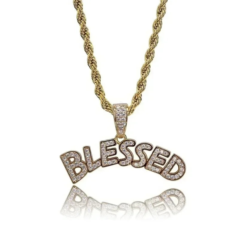 Gold-colored chain with diamond-encrusted blessed pendant cubic zirconia for men women rap party jewelry