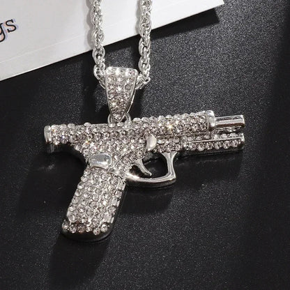Silver gun-shaped savage pendant cubic necklace adorned with sparkling clear cubic zirconia for rap party jewelry