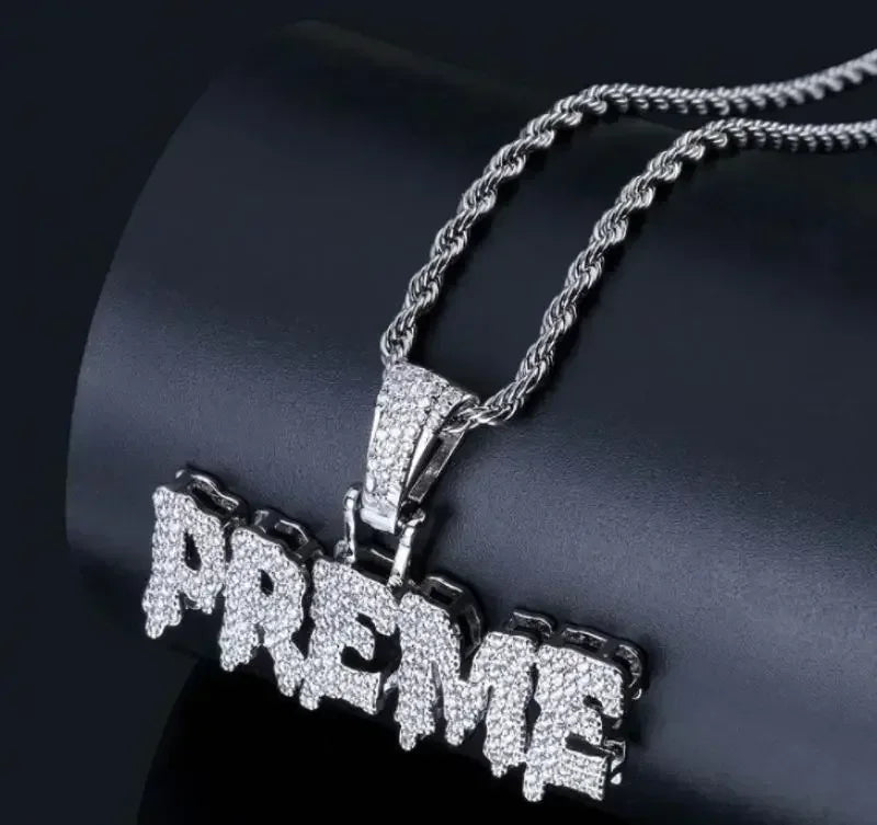 Silver ice cube savage pendant cubic zirconia necklace with preme lettering rhodium plated chain for rap party jewelry