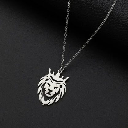 Silver lion head savage pendant cubic zirconia with crown design hanging from matching chain for rap party jewelry