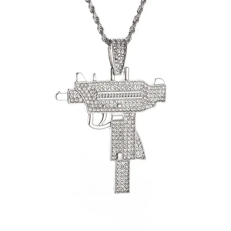 Silver diamond-encrusted uzi-style pendant cubic zirconia on twisted chain for rap party jewelry and savage pendant cubic