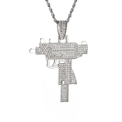 Silver diamond-encrusted uzi-style pendant cubic zirconia on twisted chain for rap party jewelry and savage pendant cubic