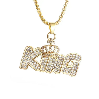Gold-colored savage pendant cubic zirconia necklace for men and women featuring king letters and crown rap party jewelry