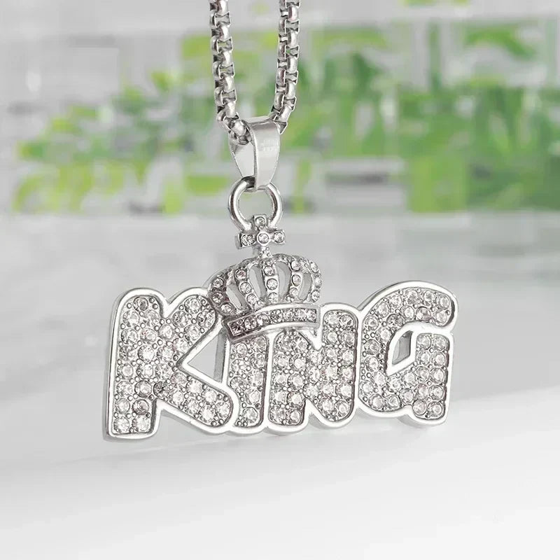 Silver king pendant cubic zirconia with crown and matching chain for men and women rap party jewelry