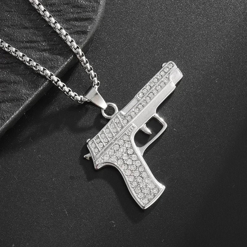 Silver gun-shaped savage pendant cubic zirconia necklace with clear crystals for rap party jewelry and hip hop style
