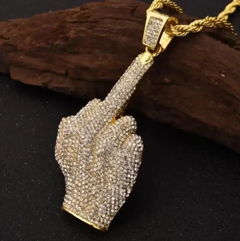 Gold-plated savage pendant cubic hand gesture covered in clear cubic zirconia on matching gold rope chain for rap party jewelry