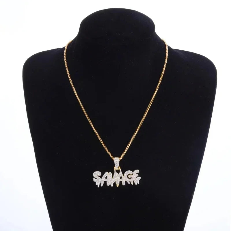 Gold chain necklace with silver diamond-encrusted savage pendant cubic zirconia for rap party jewelry unisex style