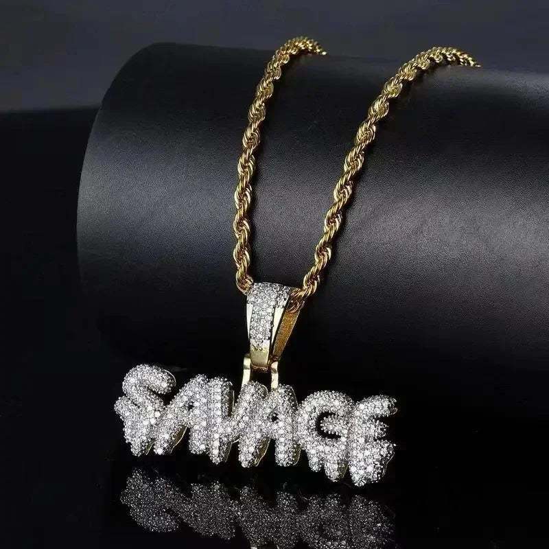 Gold-colored rope chain with bold three-dimensional savage pendant cubic zirconia stones for rap party jewelry
