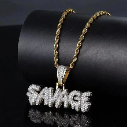 Gold-colored rope chain with bold three-dimensional savage pendant cubic zirconia stones for rap party jewelry