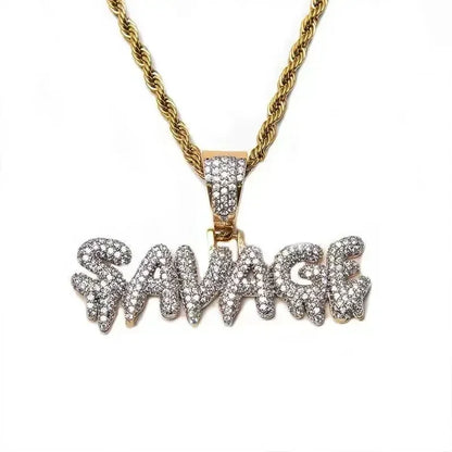Gold-toned chain with diamond-encrusted savage pendant cubic zirconia for men women rap party jewelry