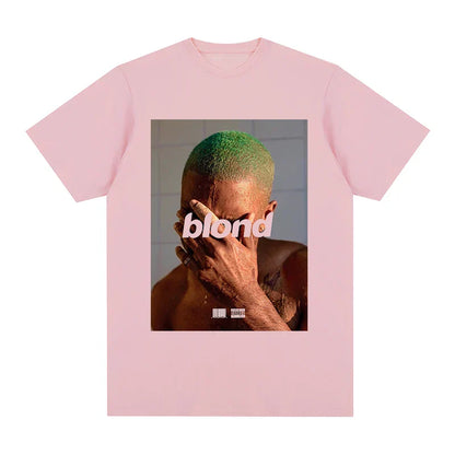 Pink short-sleeved cotton t-shirt featuring hip hop frank rapper cotton graphic with green hair and blond text for womens tops novelty