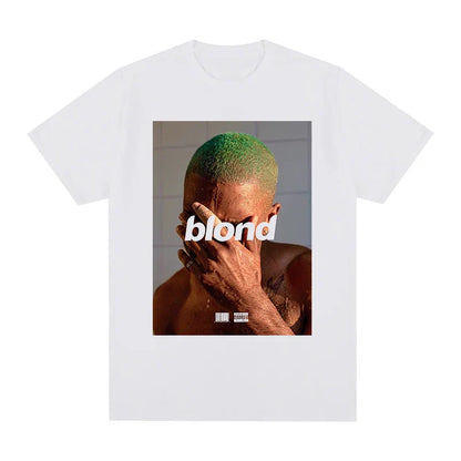 White short-sleeved cotton t-shirt featuring hip hop frank graphic with green hair and blond text for womens tops novelty