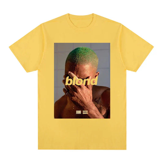 Yellow short-sleeved cotton t-shirt featuring hip hop frank printed graphic from blond album for womens tops novelty