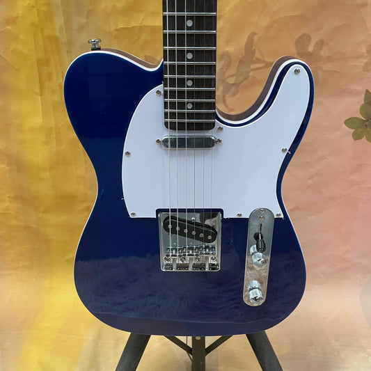 Blue TL electric guitar body with rosewood fingerboard, white pickguard, chrome hardware, and solid wood construction