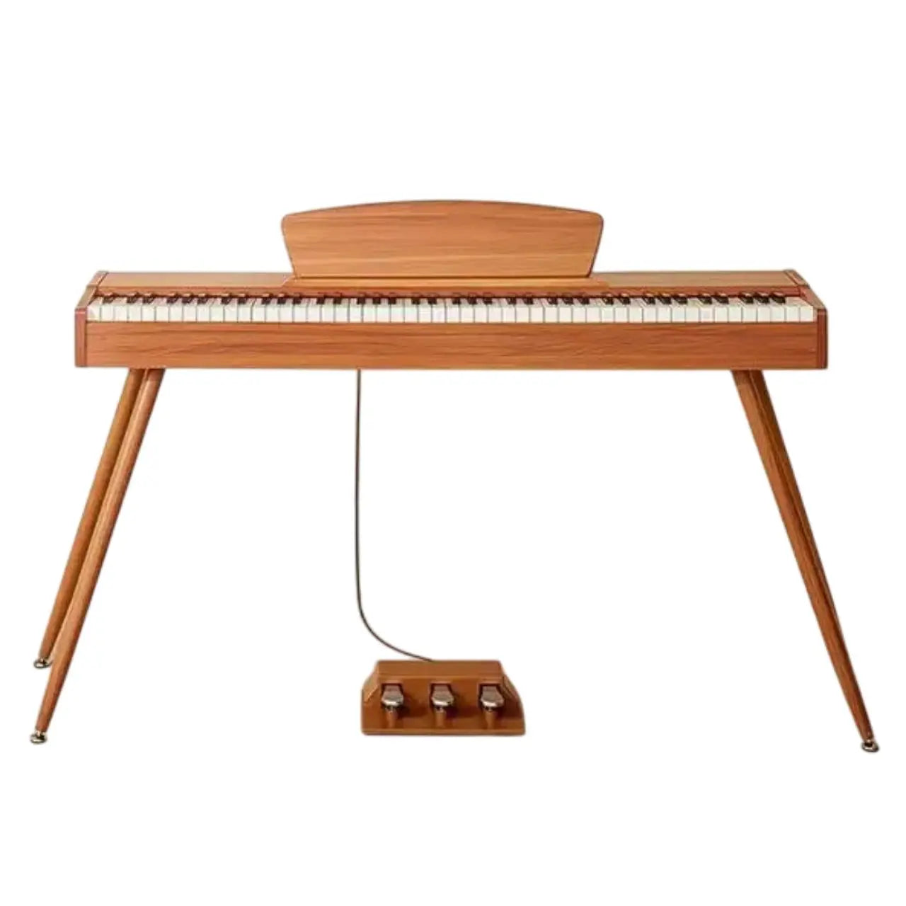 A sleek light brown wooden bluelander piano music keyboard with 88 keys and three pedals for teaching music use
