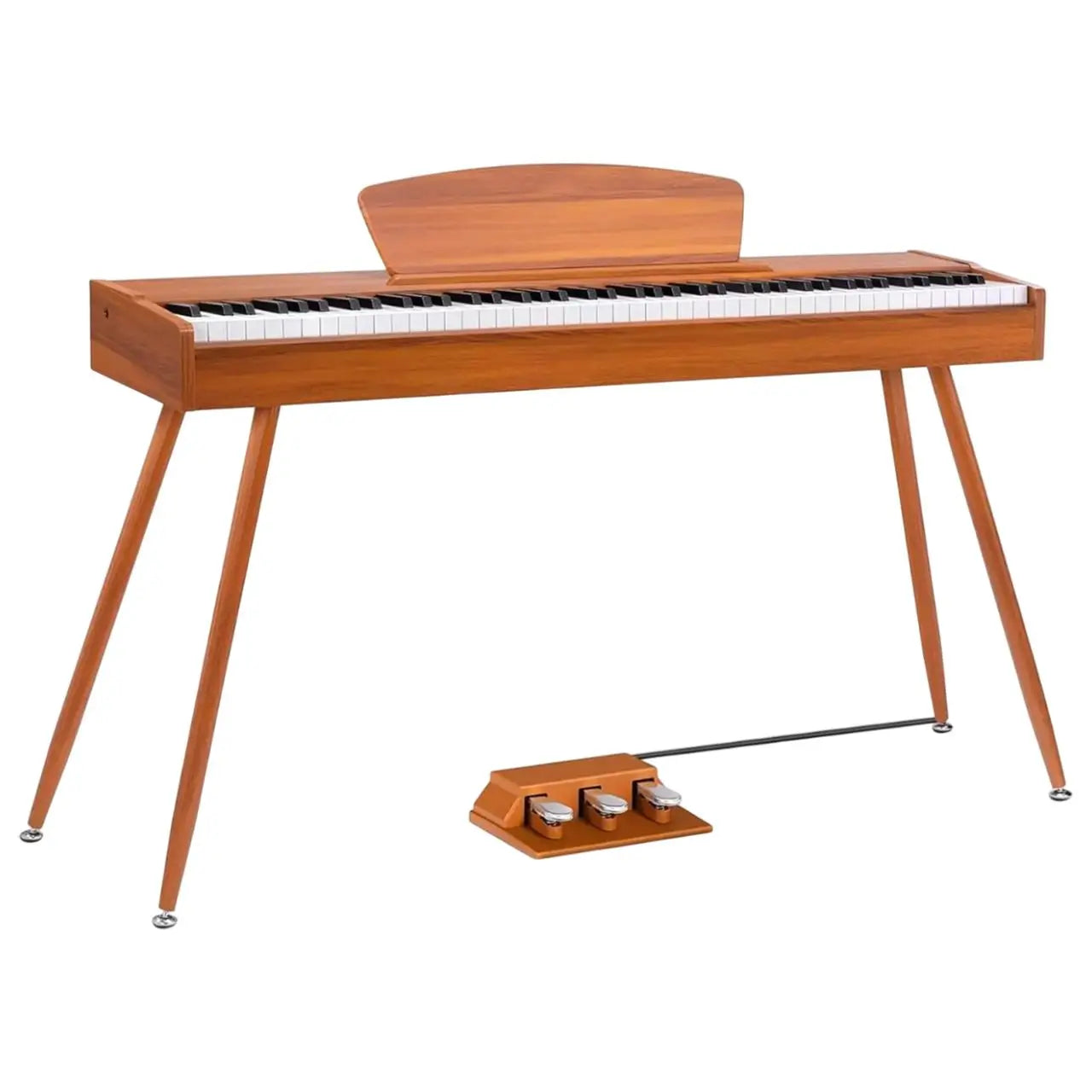 A sleek light wood bluelander piano music keyboard with 88 keys and three pedal controls ideal for teaching music