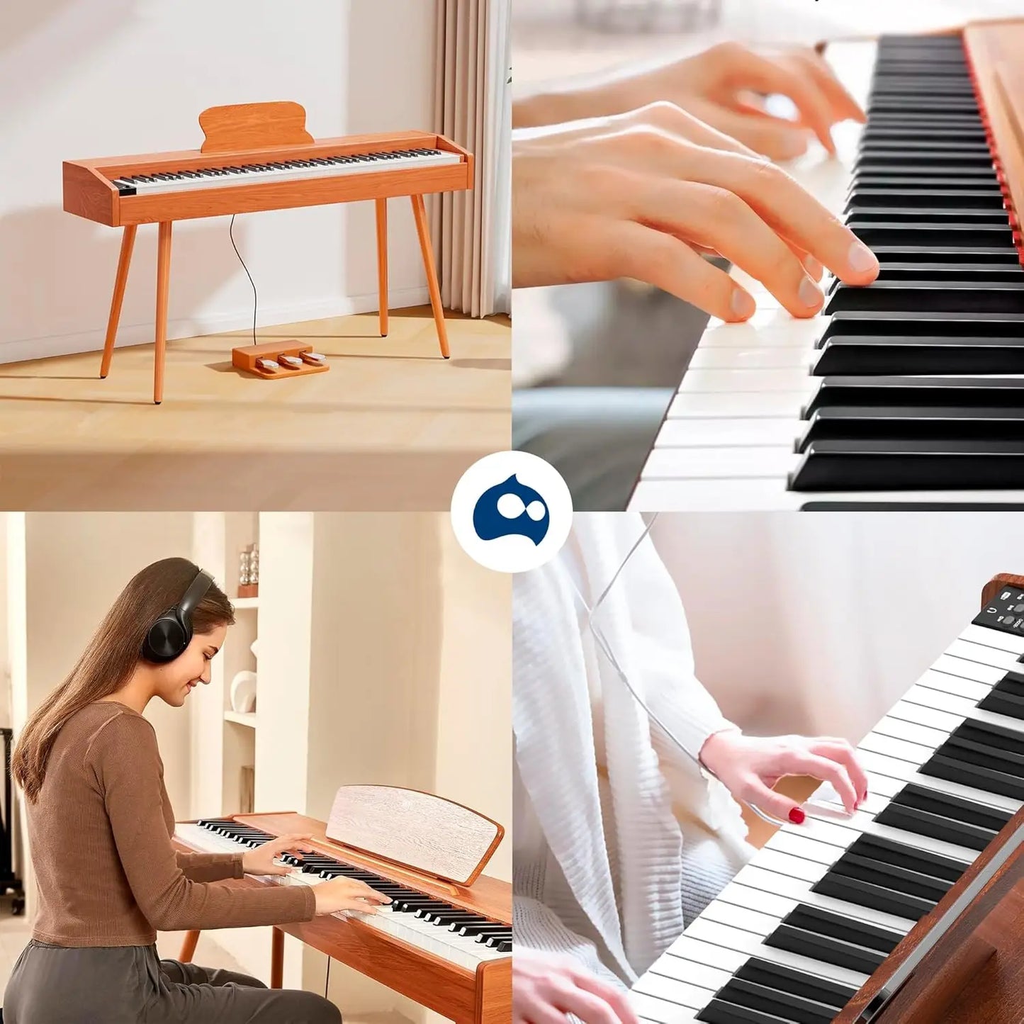 A sleek light wood bluelander piano music with 88 keys, 3 pedals, and tapered legs ideal for teaching music