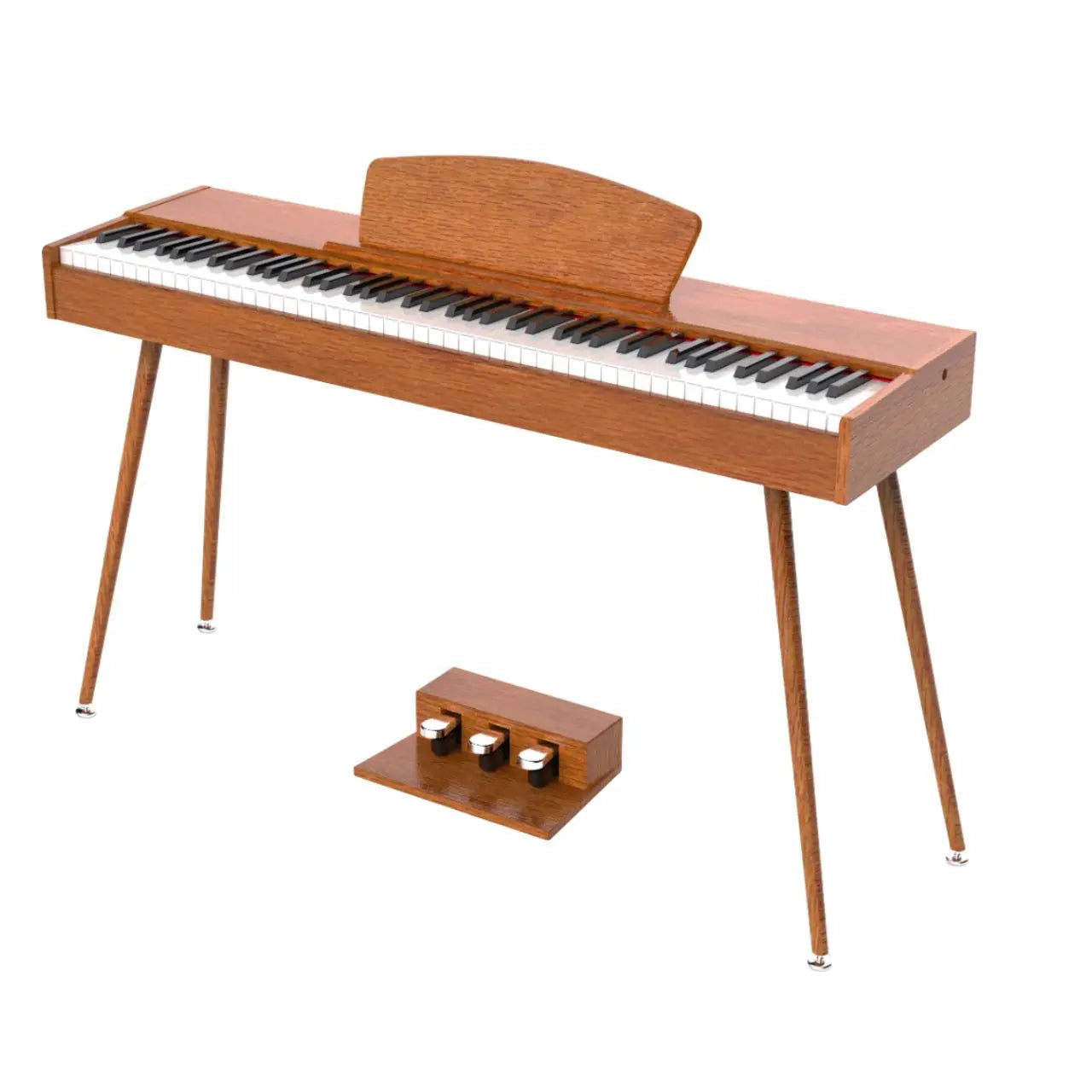 A mid-century modern wooden bluelander piano music electric piano with 88 keys, pedal piano keyboard, great for teaching music