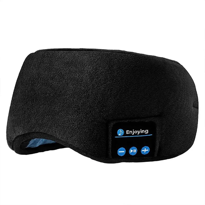Black plush bluetooth 3d eye mask with built-in speaker and control panel for elastic comfortable wireless sleeping headband earphones