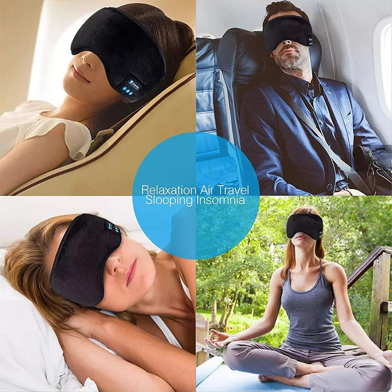 Black fabric bluetooth 3d eye mask with built-in speaker led lights elastic comfortable wireless sleeping headband earphones
