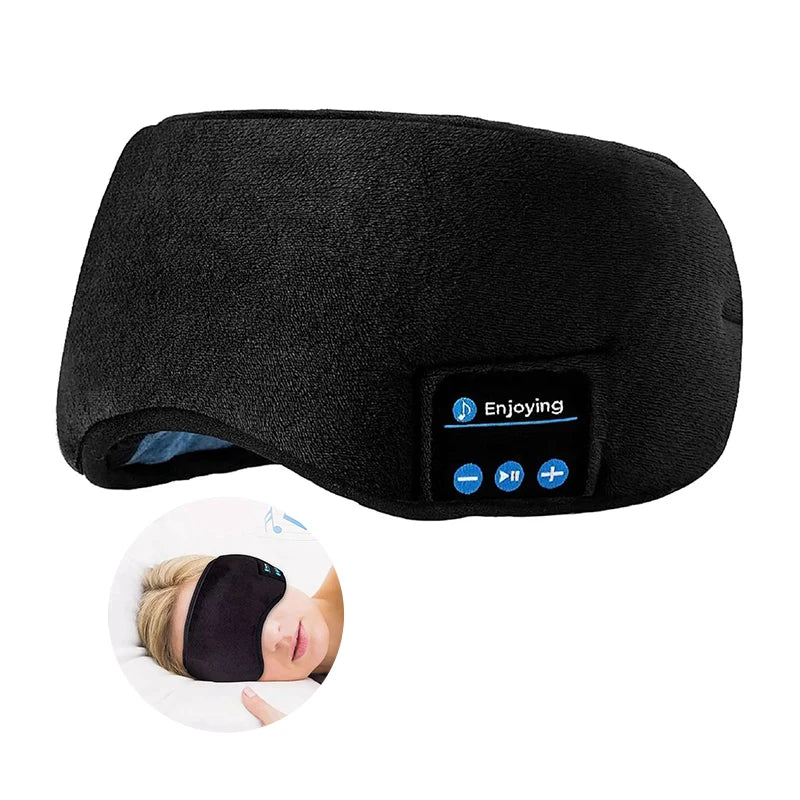 Black bluetooth 3d eye mask made of soft elastic comfortable wireless fabric with built-in sleeping headband earphones and control buttons