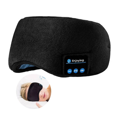 Black bluetooth 3d eye mask made of soft elastic comfortable wireless fabric with built-in sleeping headband earphones and control buttons