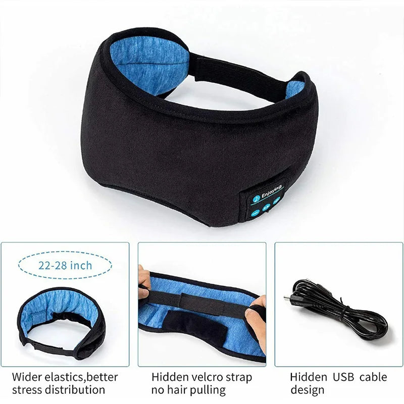 Black fabric bluetooth 3d eye mask with blue lining control panel sleeping headband earphones elastic comfortable wireless