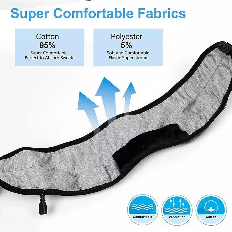 Gray and black cotton cooling neck wrap designed for comfort and sweat absorption with bluetooth 3d eye sleeping headband earphones