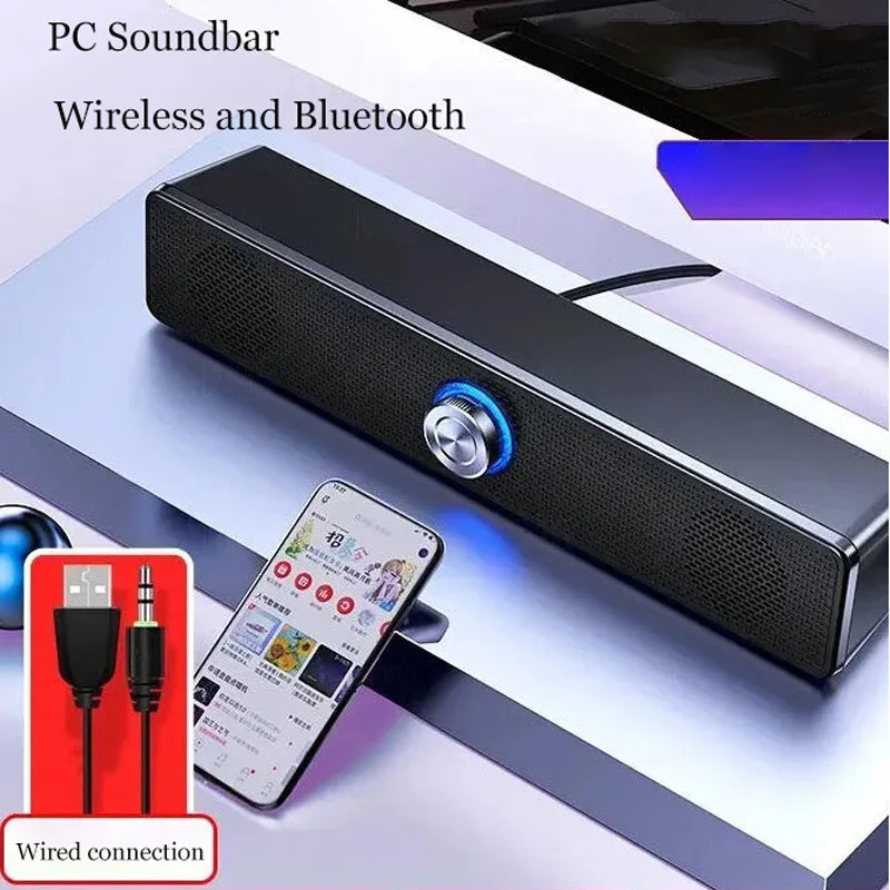 Black pc soundbar with silver control knob and blue led ring featuring wireless bluetooth 4d surround connectivity for speaker home theater