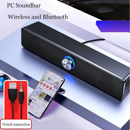 Black pc soundbar with silver control knob and blue led ring featuring wireless bluetooth 4d surround connectivity for speaker home theater