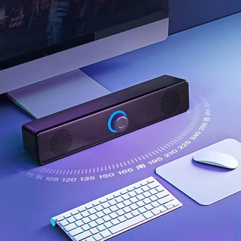 Black rectangular bluetooth 4d surround speaker home theater soundbar with blue control knob and mesh grilles for strong bass
