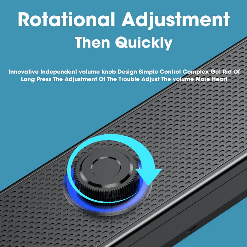 Black textured volume knob with blue illuminated ring on perforated panel of bluetooth 4d surround speaker home theater system